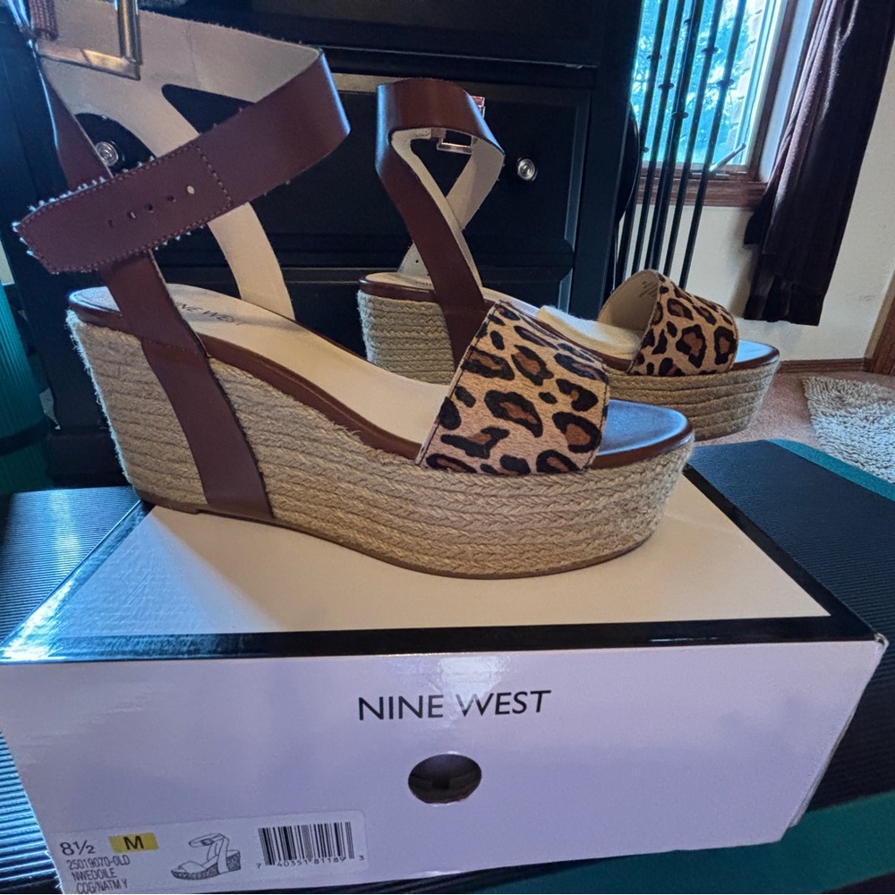 Nine West Brown and Leopard Wedge Sandals
